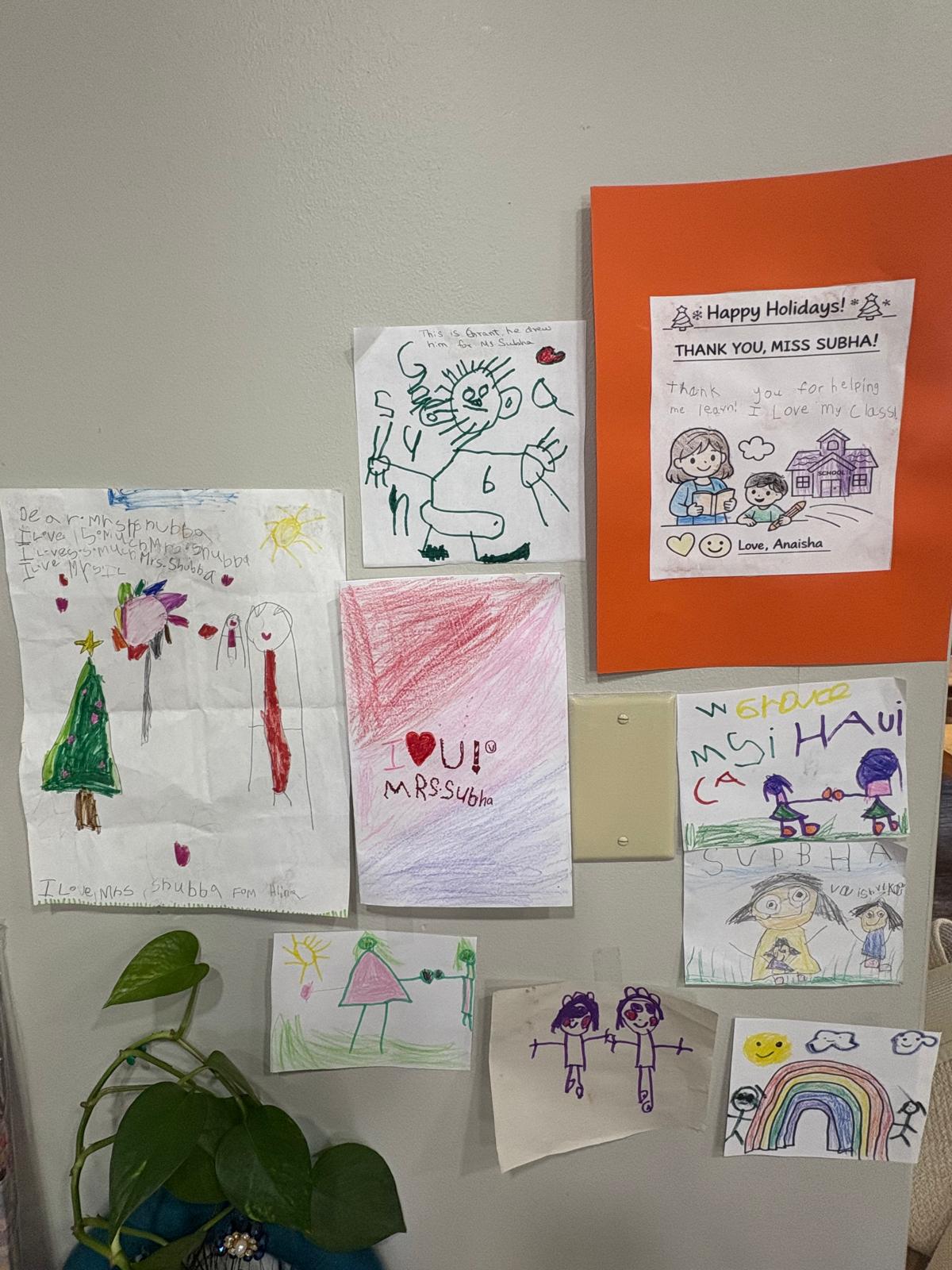 Student drawings and letters for Mrs. Subha